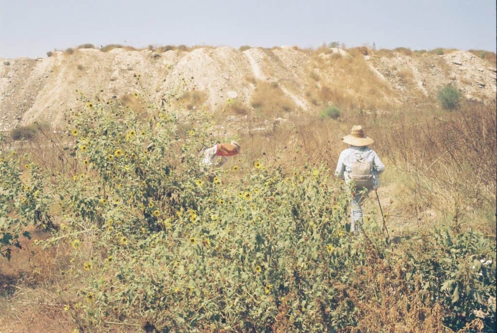 Fotografía: Dos mujeres buscadoras en un terreno con hierbas. 