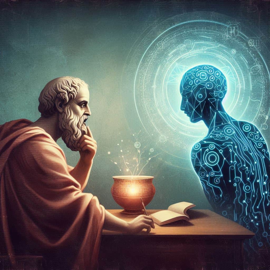 Imagen generada con Inteligencia Artificial. Se muestra una ilustración de un personaje griego, posiblemente Platón, en un escritorio, frente a una silueta que representa de forma humanizada a una Inteligencia Artificial.