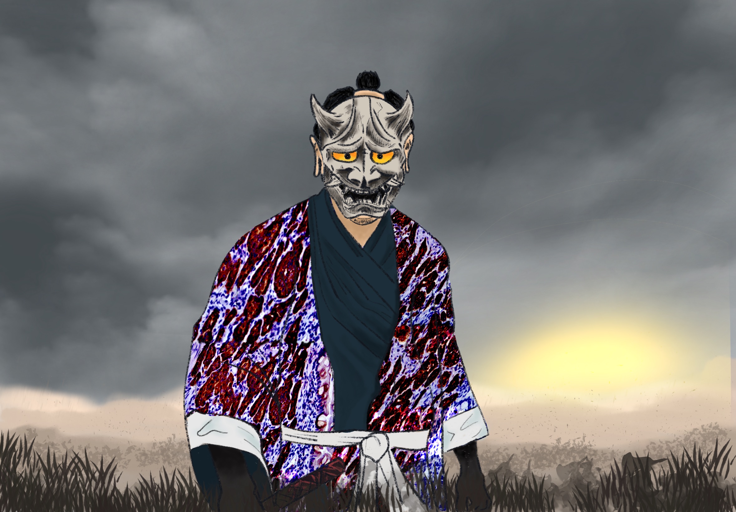 Ilustración de un samurai rebelde con una máscara. 