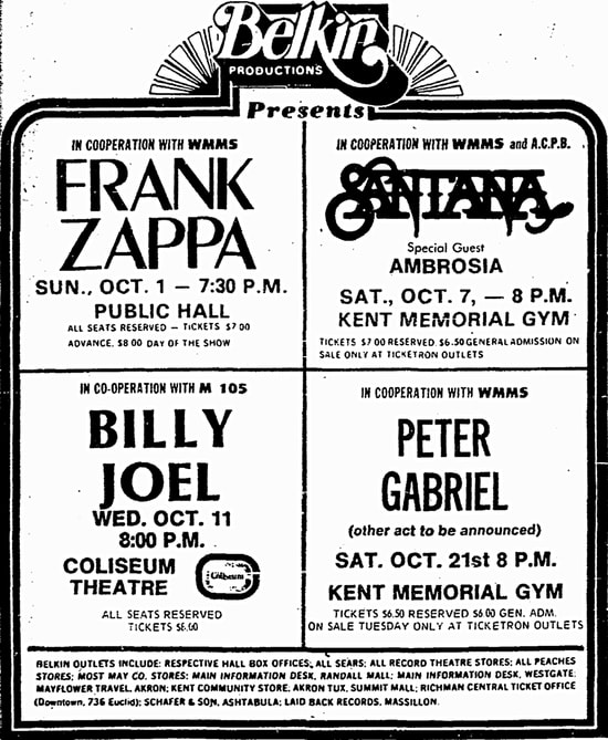 Publicidad impresa de cuatro conciertos de rock en Ohio (octubre, 1978), presentados por Belkin Productions y estaciones locales de radio.