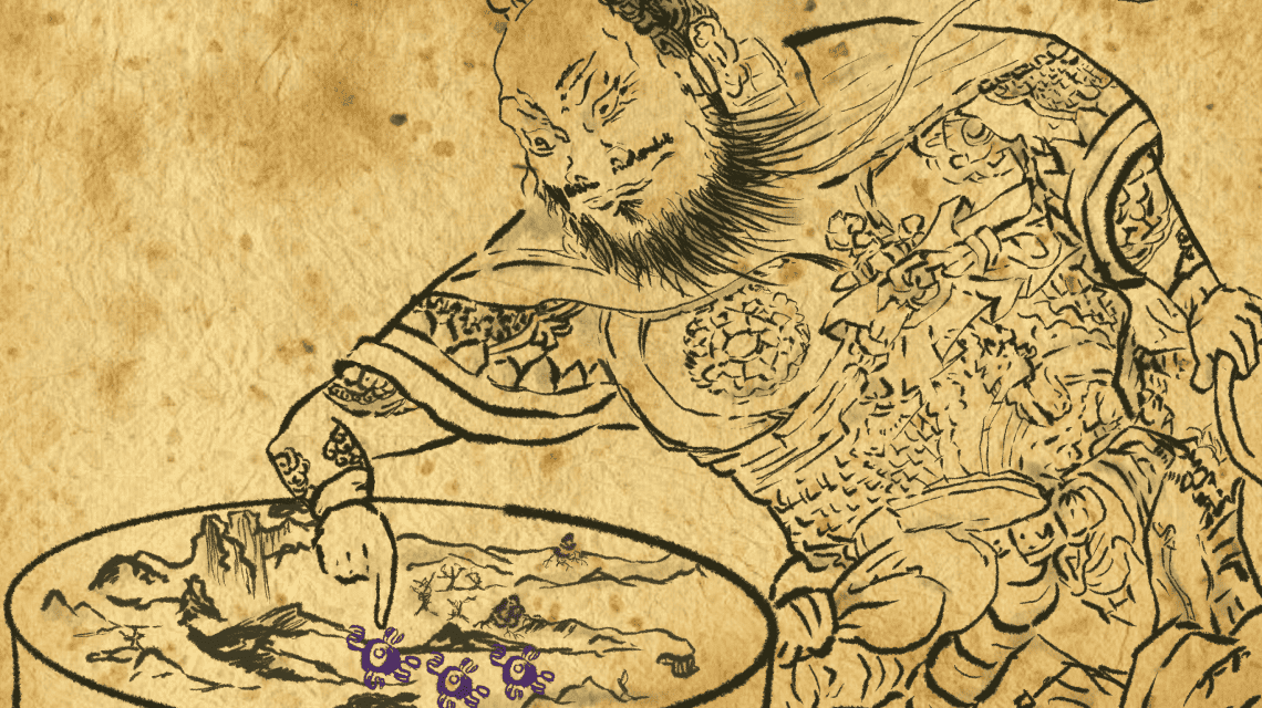 Ilustración que muestra a Sun Tzu frente a un tablero militar planeando una estrategia contra el cancer